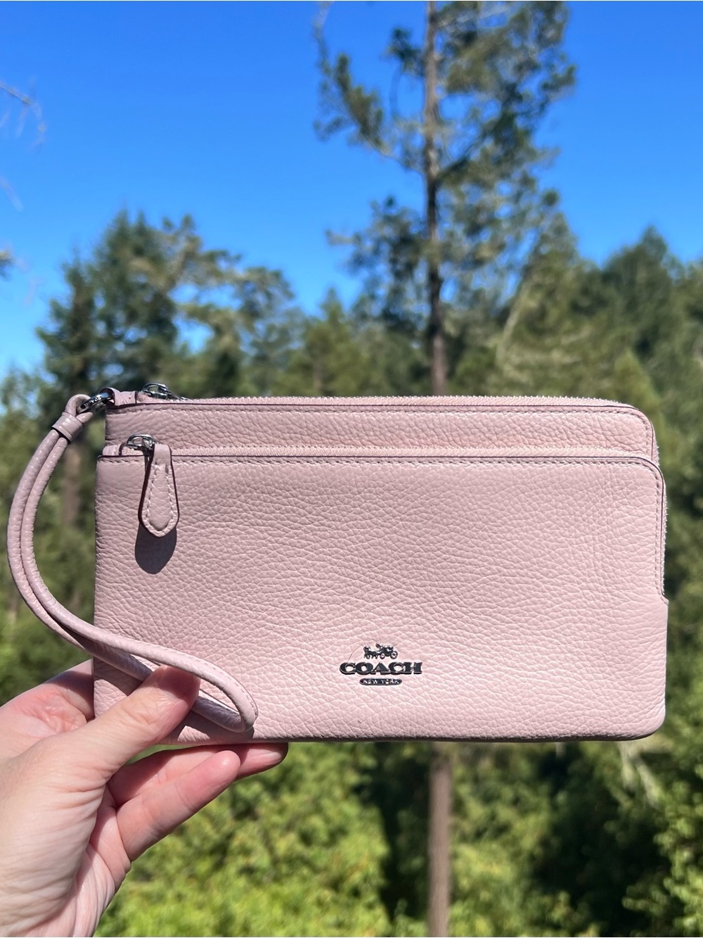 COACH Pink Pebbled Leather Double Zip Phone Wallet Wristlet Silver Hardware